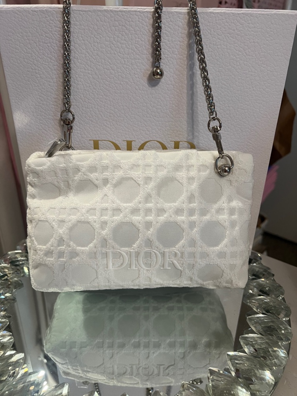 DIOR White Embroidered Cannage Pouch with Silver Adjustable Chain
